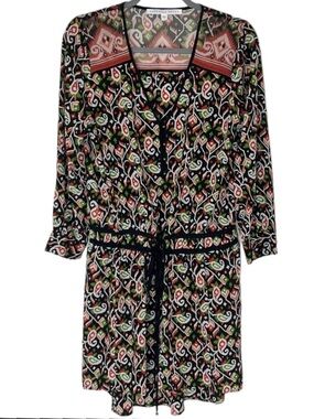 Veronica Beard • 100% Silk Mini Shirt Dress • Black with Coral & Green Pattern